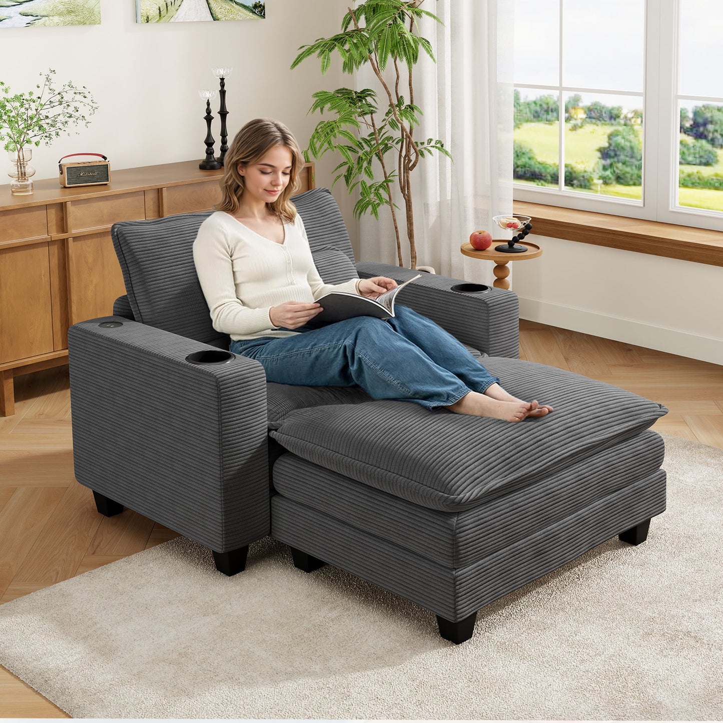 Muumblus 41.7" Oversized Lounge Accent Chair with Ottoman, Indoor Comfy Corduroy Armchair with USB, Beige