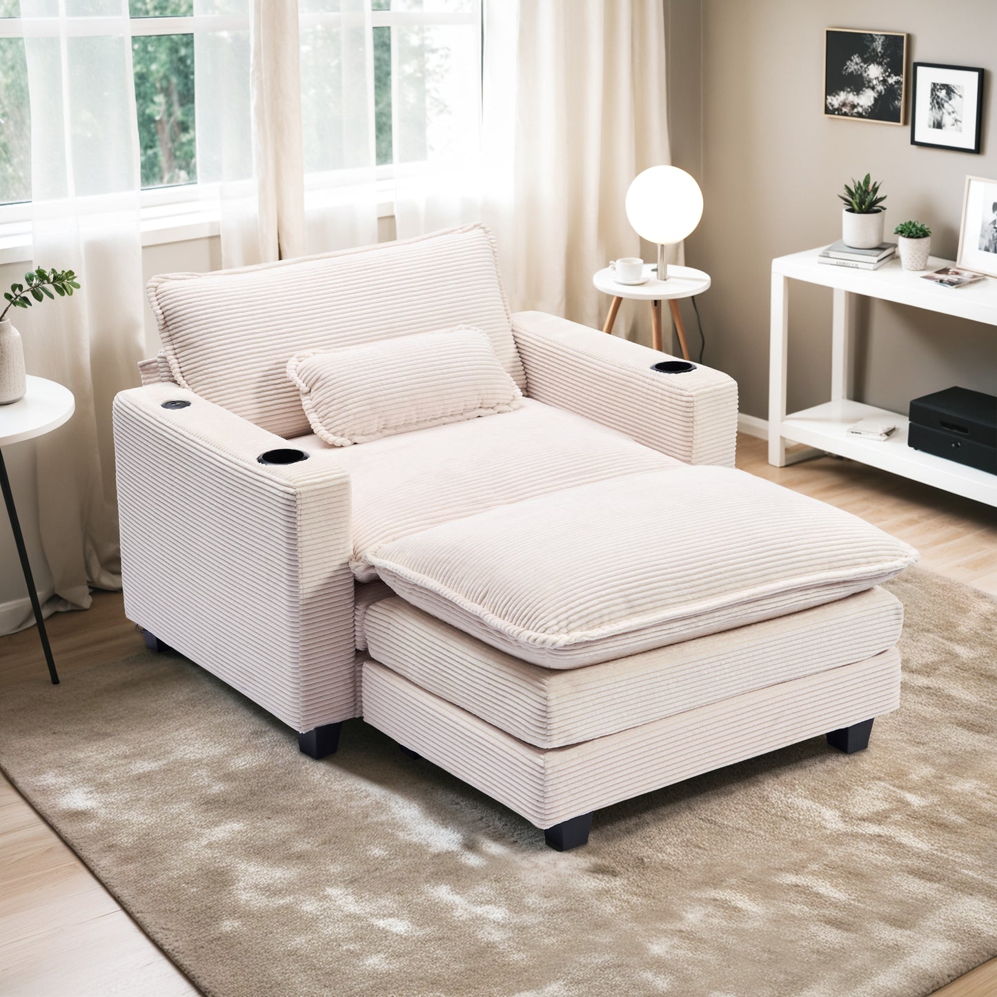 Muumblus 41.7" Oversized Lounge Accent Chair with Ottoman, Indoor Comfy Corduroy Armchair with USB, Beige