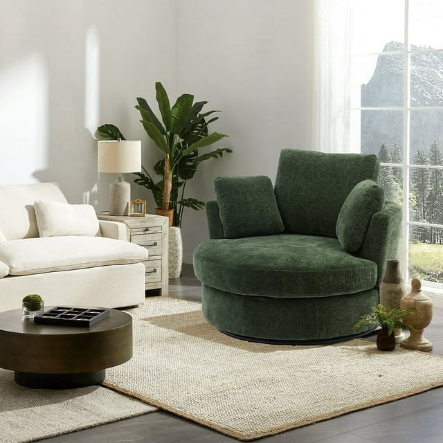 Muumblus 42.2"W Chenille Swivel Chair, Modern Oversize Accent Chair Barrel Chair Club Armchair Comfy Chair for Bedroom Living Room, Green