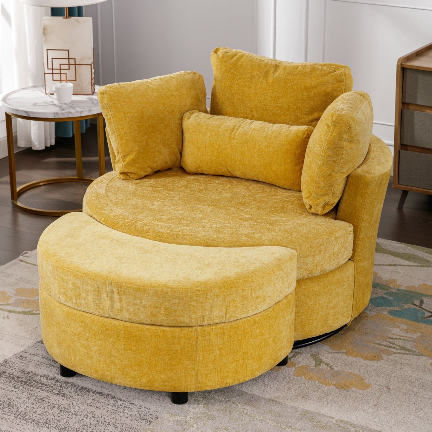 Muumblus Oversized Swivel Accent Barrel Chair with Storage Ottoman, Comfy Round Read Armchair for Living Room, Ivory