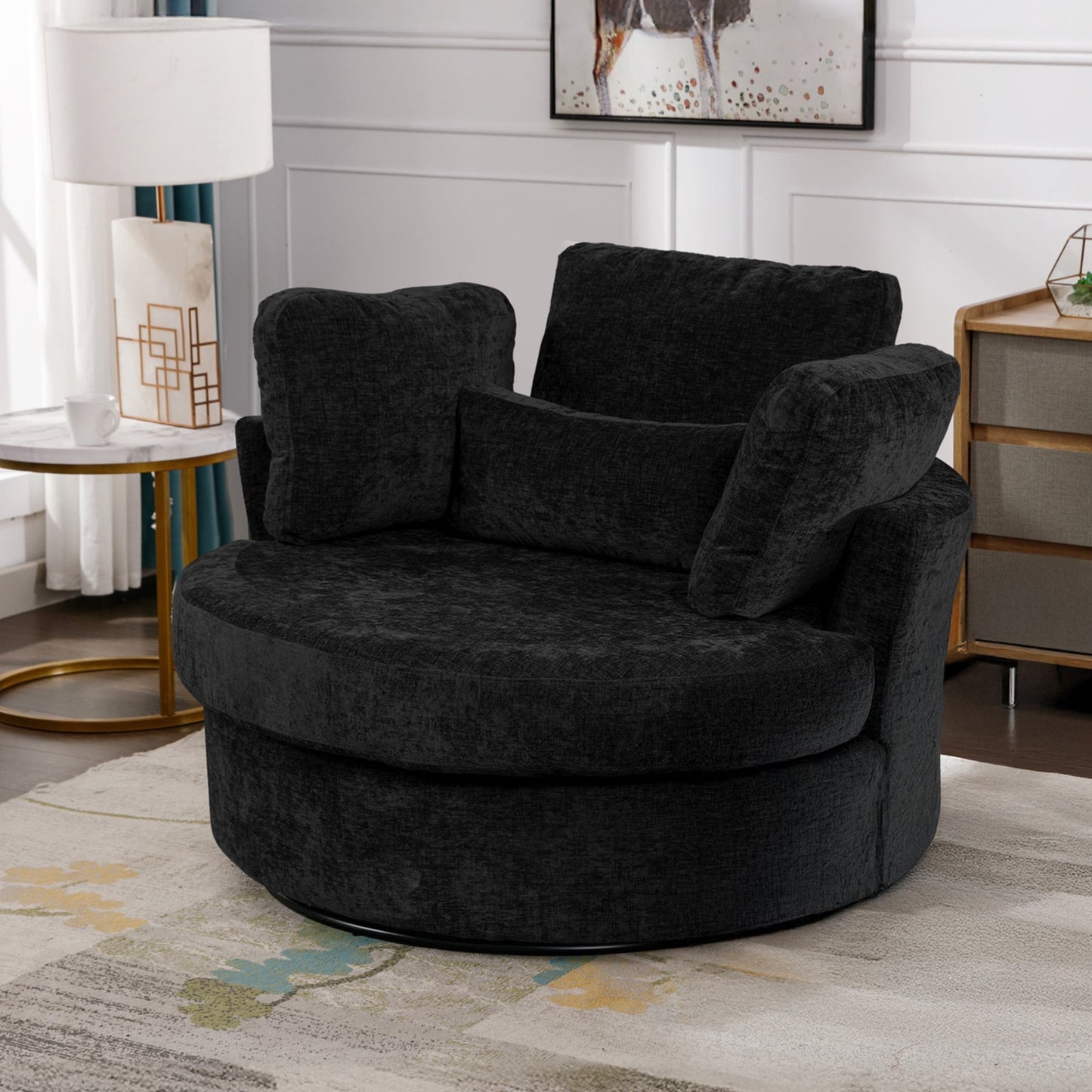 Muumblus Oversized Swivel Accent Barrel Chair with Storage Ottoman, Comfy Round Read Armchair for Living Room, Ivory