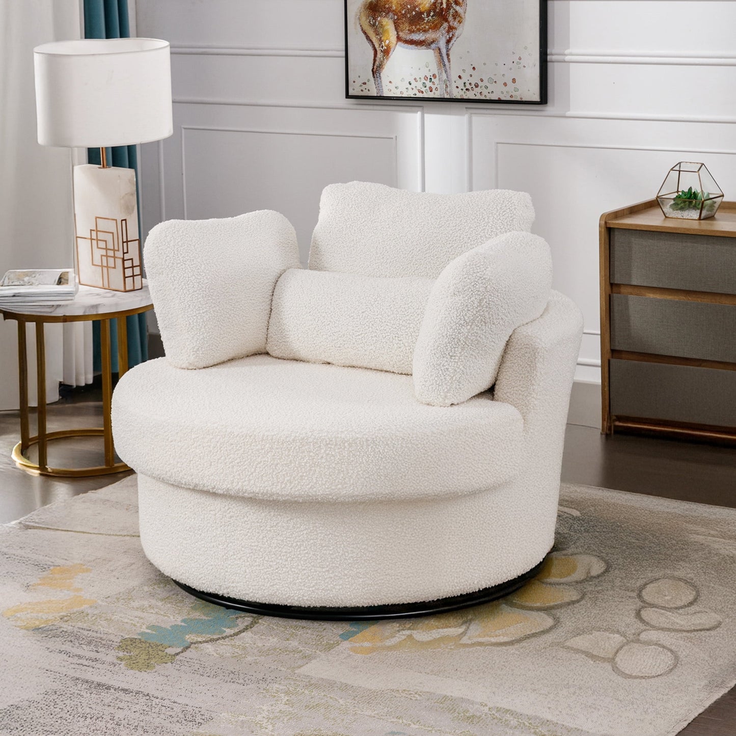 Muumblus Oversized Swivel Accent Barrel Chair with Storage Ottoman, Comfy Round Read Armchair for Living Room, Ivory