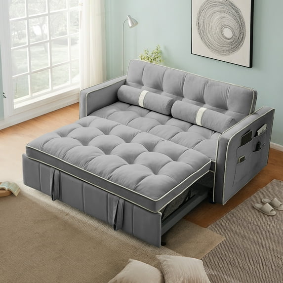 Muumblus 55.5" Pull Out Sleep Sofa Bed 2 Seater Loveseats Convertible Futon Sofa Bed with Adjsutable Backrest, Modern Velvet Sofa Couch for Living Room, Beige