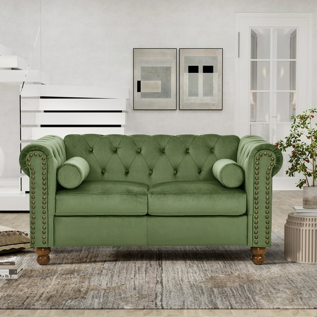 Muumblus 58" Loveseat Sofa for Living Room, Chesterfield Tufted Small Couch in Brown Faux Leather