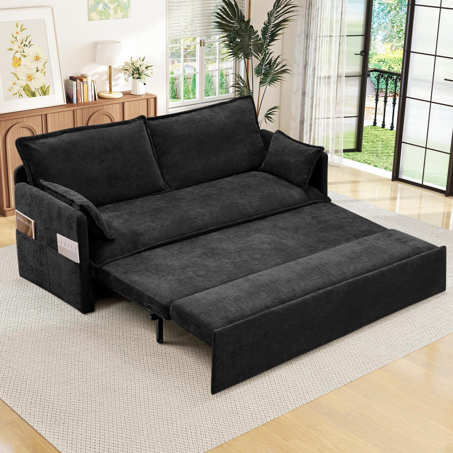 Muumblus Futon Sofa Bed, Convertible Couch Bed with USB, Corduroy Loveseat Sleeper for Small Spaces, Beige