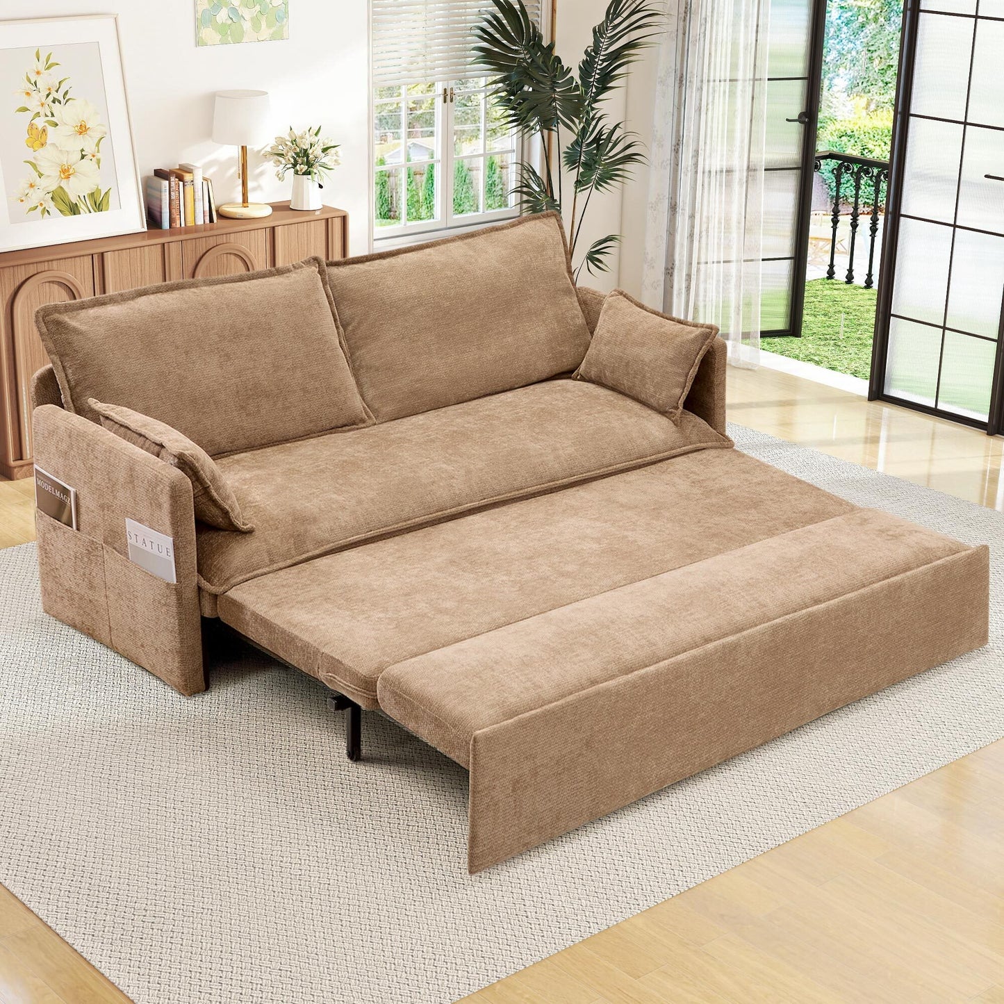 Muumblus Futon Sofa Bed, Convertible Couch Bed with USB, Corduroy Loveseat Sleeper for Small Spaces, Beige