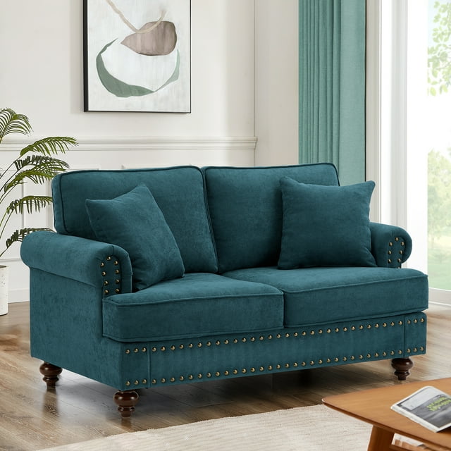 Muumblus 61" W Mid-Century Loveseat Sofa with Nailhead, 2 Seater Sofa for Living Room, Lake Green Chenille Fabric