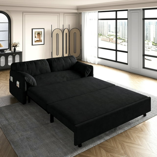 Muumblus 70" Queen Pull Out Sofa Bed, Modern 3-in-1 Convertible Loveseat Sleeper with 2 Pillows, Velvet Sleeper Sofa for Living Room, Bedroom, Small Apartment, Black