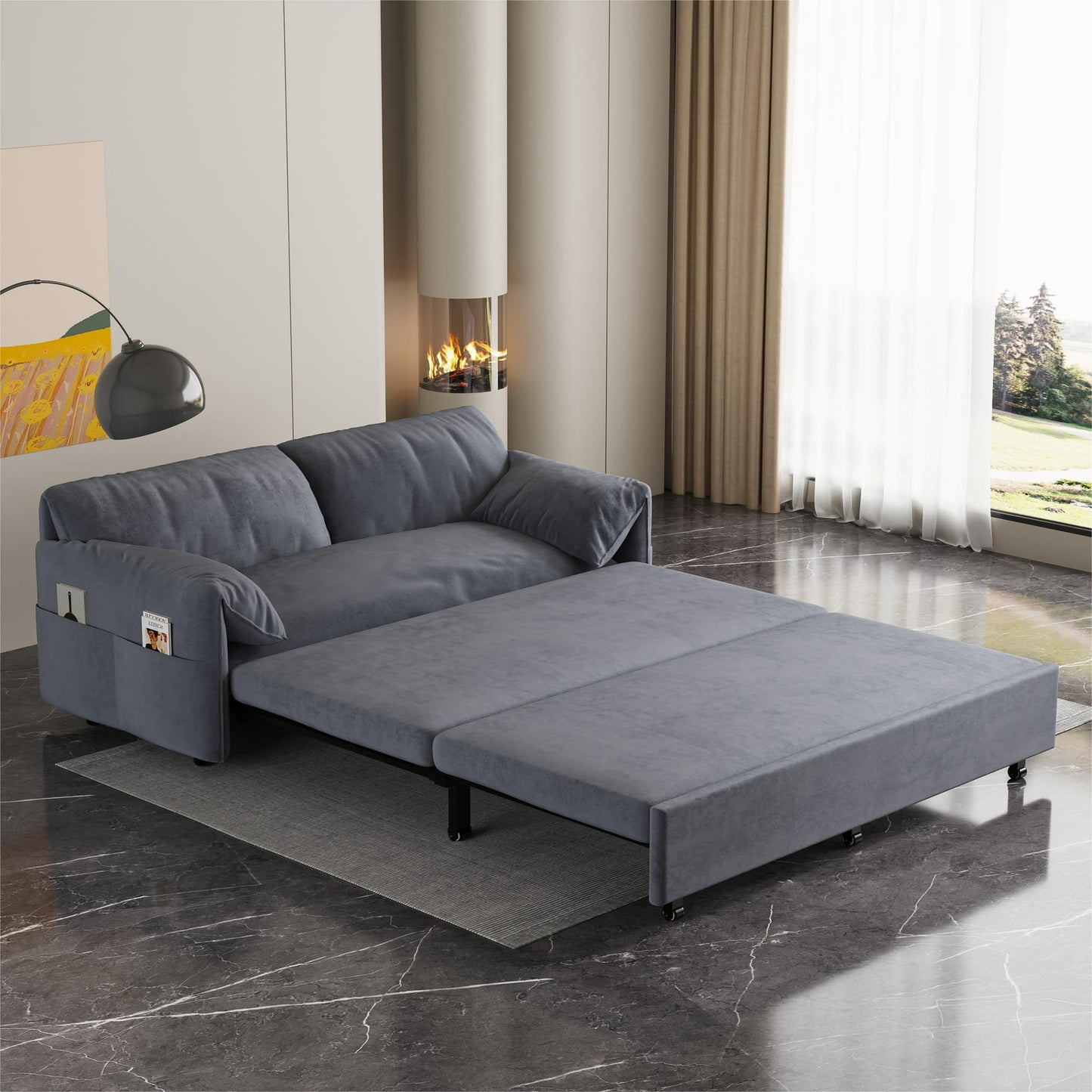 Muumblus 70" Queen Pull Out Sofa Bed, Modern 3-in-1 Convertible Loveseat Sleeper with 2 Pillows, Velvet Sleeper Sofa for Living Room, Bedroom, Small Apartment, Black
