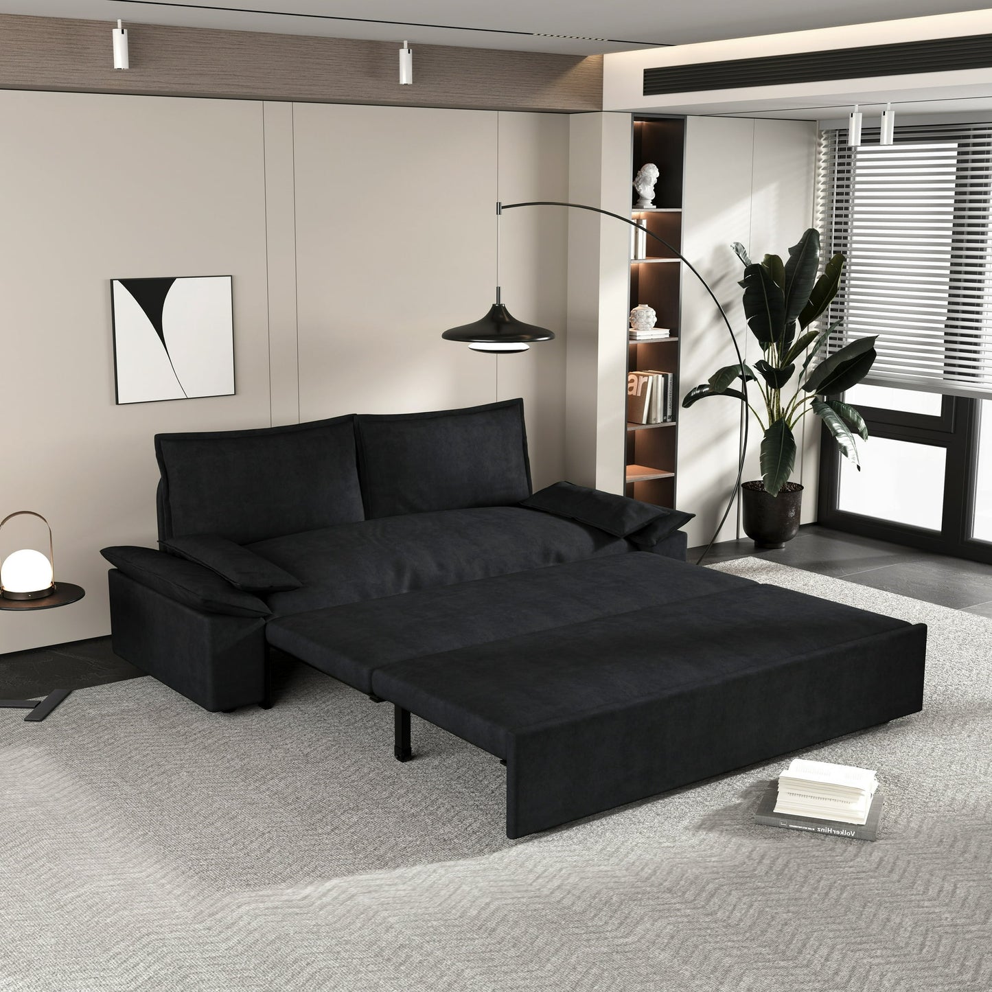 Muumblus 70" Queen Pull Out Sofa Bed, Modern 3-in-1 Convertible Loveseat Sleeper with 2 Pillows, Velvet Sleeper Sofa for Living Room, Bedroom, Small Apartment, Black