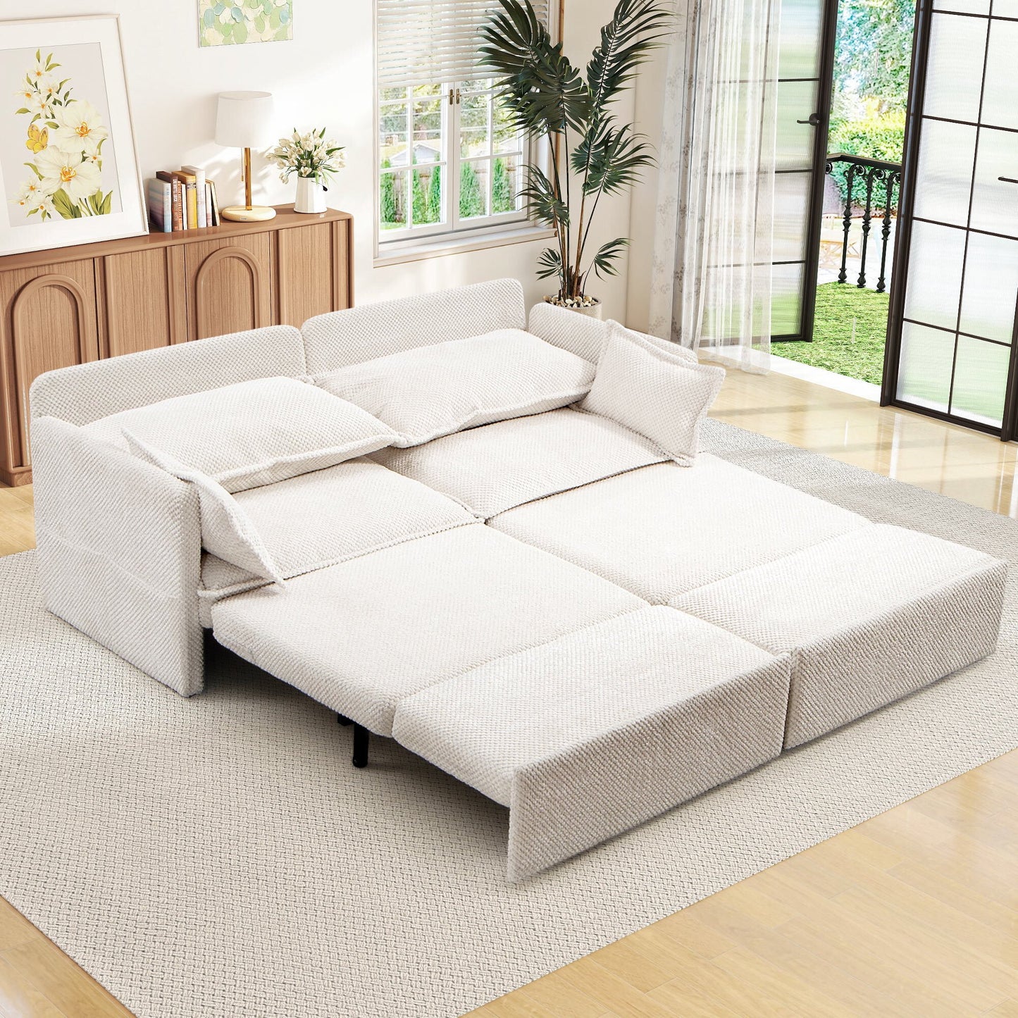 Muumblus Futon Sofa Bed, Convertible Couch Bed with USB, Corduroy Loveseat Sleeper for Small Spaces, Beige