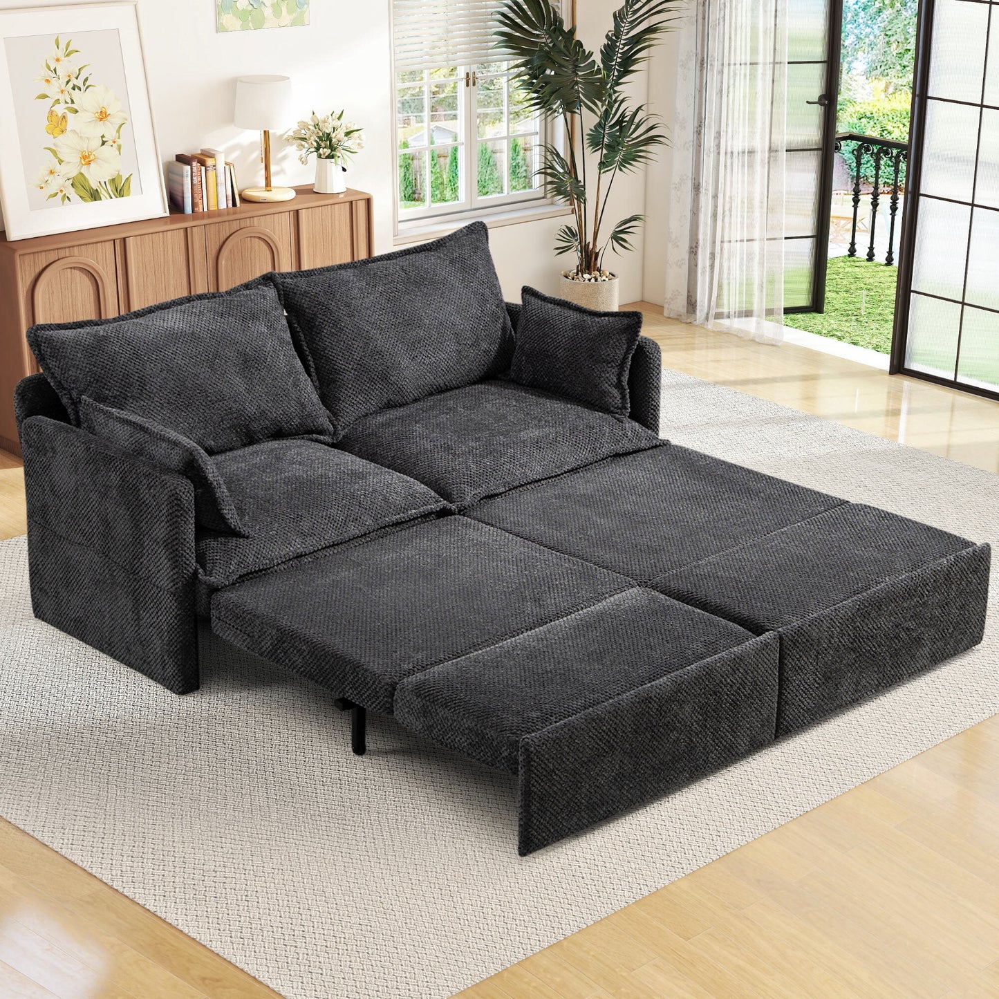 Muumblus Futon Sofa Bed, Convertible Couch Bed with USB, Corduroy Loveseat Sleeper for Small Spaces, Beige