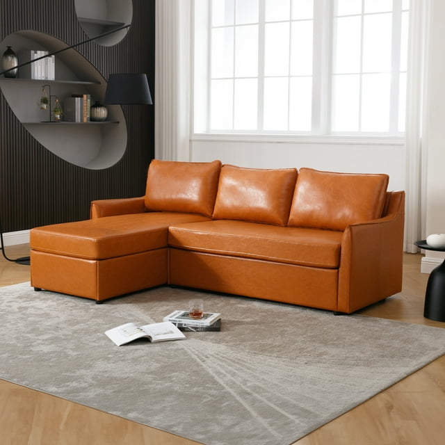 Muumblus 80.7" Modern Mid-Century Faux Leather Reversible Sectional L-Shaped Sofa for Living Room, Brown
