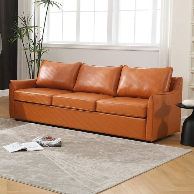 Muumblus 82.7"W Modern Mid-Century Faux Leather 3-Seater Sofa Couch for Living Room, Brown