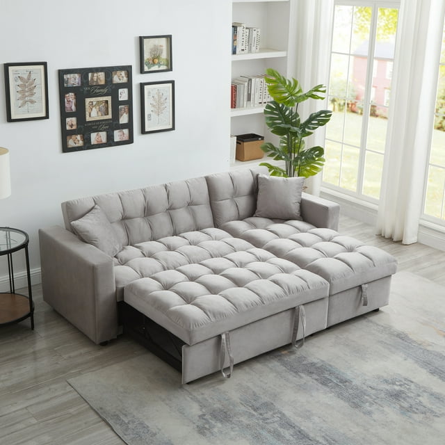 Muumblus 84" Convertible Sofa Bed, Pull Out Sofa Bed, Modern Tufted Sectional Sleeper Sofa with Storage Chaise, L Shaped Sofa Couch for Living Room, Black Velvet