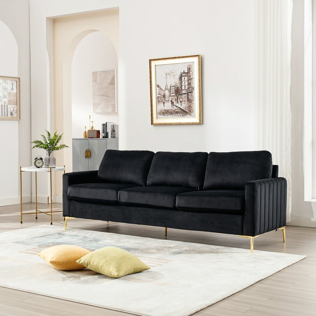 Muumblus 85 inch Sofa Couch, 3 Seater Loveseat Sofa, Mid Century Modern Tufted Velvet Couch for Living Room, Living Room Furniture Sets, Navy Blue