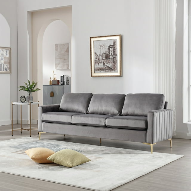 Muumblus 85 inch Sofa Couch, 3 Seater Loveseat Sofa, Mid Century Modern Tufted Velvet Couch for Living Room, Living Room Furniture Sets, Navy Blue