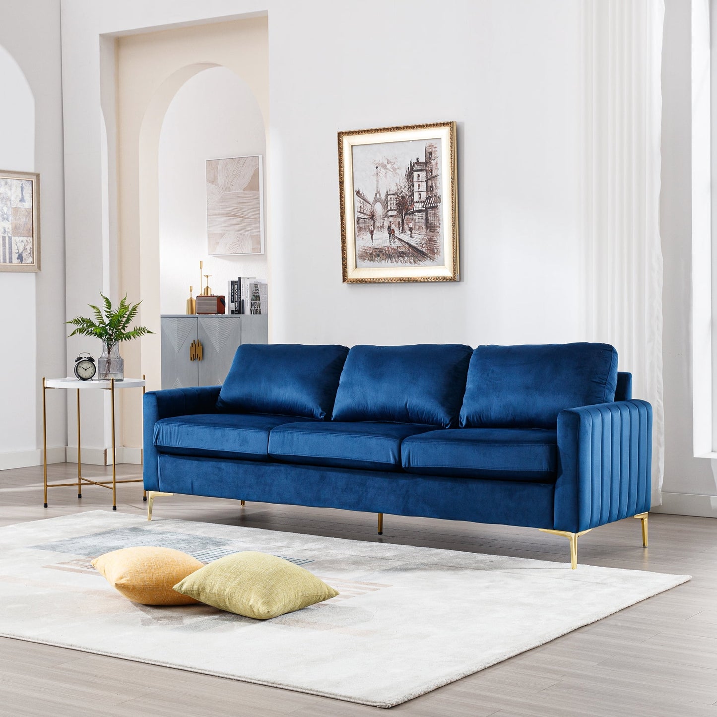 Muumblus 85 inch Sofa Couch, 3 Seater Loveseat Sofa, Mid Century Modern Tufted Velvet Couch for Living Room, Living Room Furniture Sets, Navy Blue
