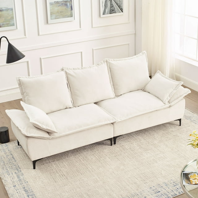 Muumblus 88.5" Upholstered Sofa Couch, 3 Seater Loveseat Sofa with 2 Pillows, Modern Velvet Couch for Living Room, Beige