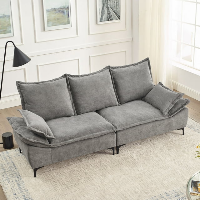 Muumblus 88.5" Upholstered Sofa Couch, 3 Seater Loveseat Sofa with 2 Pillows, Modern Velvet Couch for Living Room, Beige