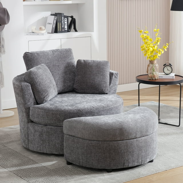 Muumblus Chenille Swivel Barrel Chair Accent Chair with Storage Ottoman, Oversized Comfy Armchair for Living Room Bedroom, Black