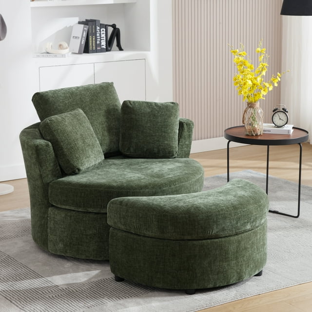Muumblus Chenille Swivel Barrel Chair Accent Chair with Storage Ottoman, Oversized Comfy Armchair for Living Room Bedroom, Black