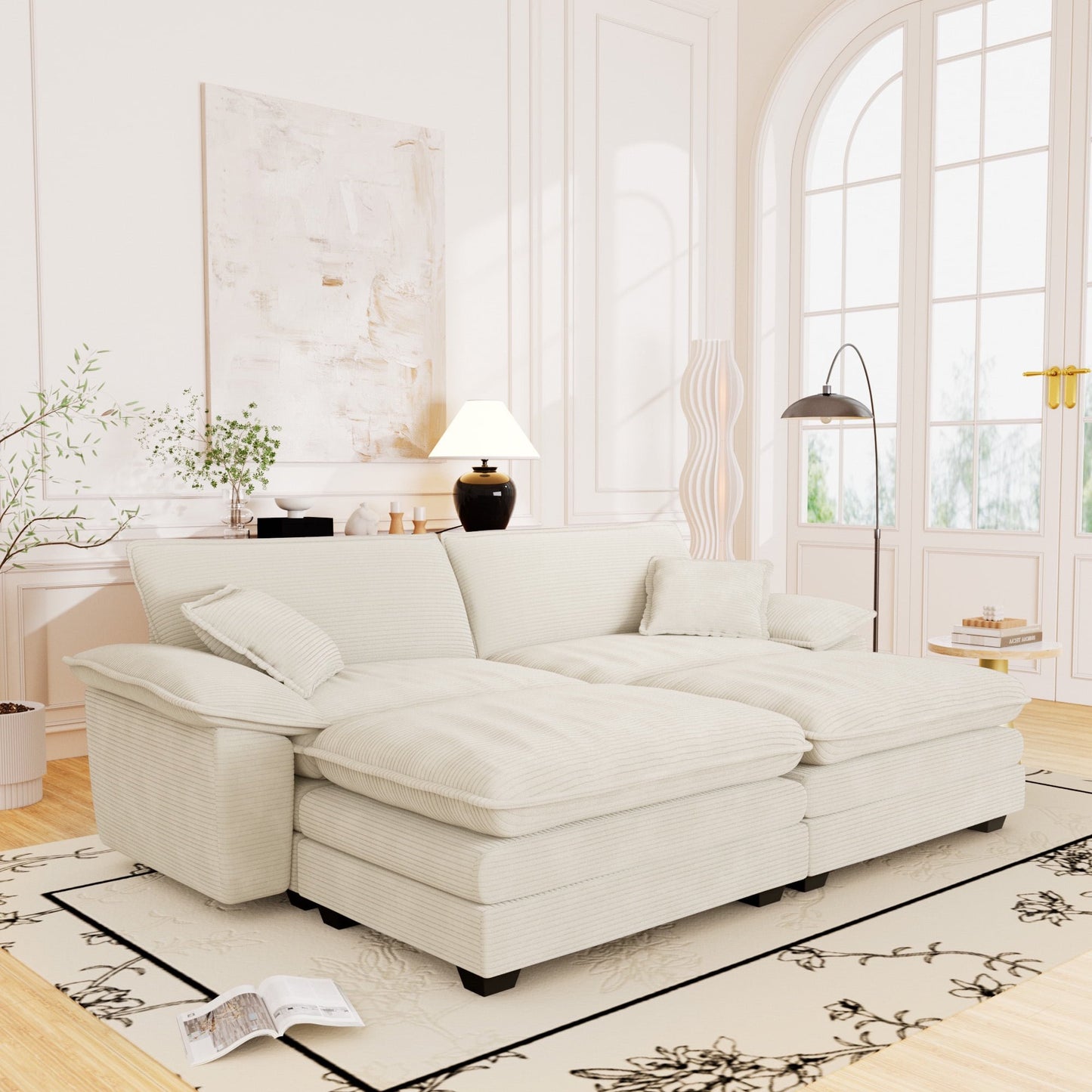 Muumblus Corduroy Comfy Sectional Sofa with 2 Ottoman, Modern Deep Seat Lounge Couch for Living Room
