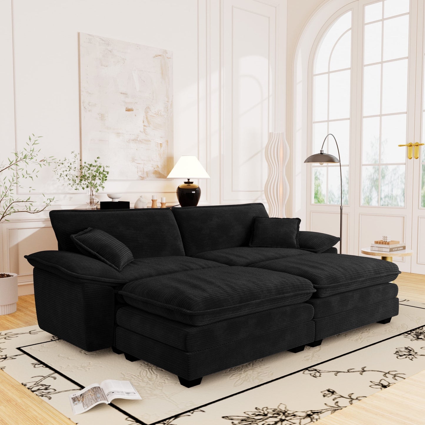 Muumblus Corduroy Comfy Sectional Sofa with 2 Ottoman, Modern Deep Seat Lounge Couch for Living Room