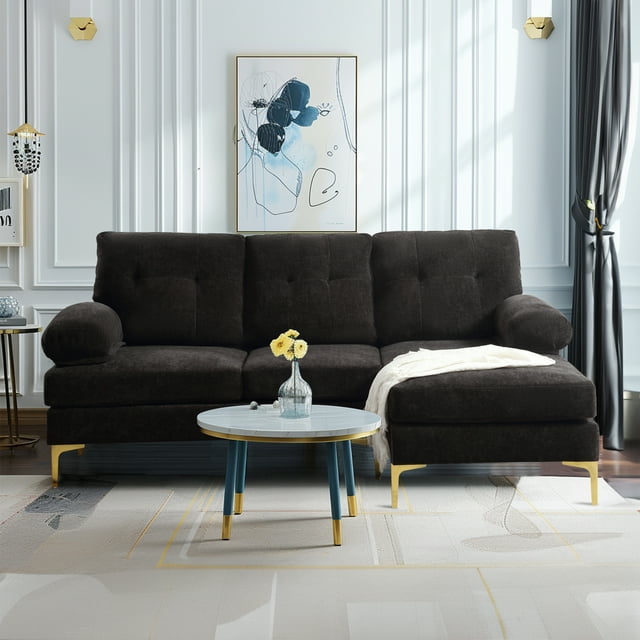 Muumblus L Shaped Sectional Sofa, 83" Chenille Fabric Upholstered Tufted Couch, 3 Seats Wide Chaise Lounge for Living Room, Beige