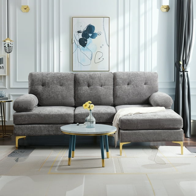 Muumblus L Shaped Sectional Sofa, 83" Chenille Fabric Upholstered Tufted Couch, 3 Seats Wide Chaise Lounge for Living Room, Beige
