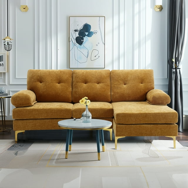 Muumblus L Shaped Sectional Sofa, 83" Chenille Fabric Upholstered Tufted Couch, 3 Seats Wide Chaise Lounge for Living Room, Beige