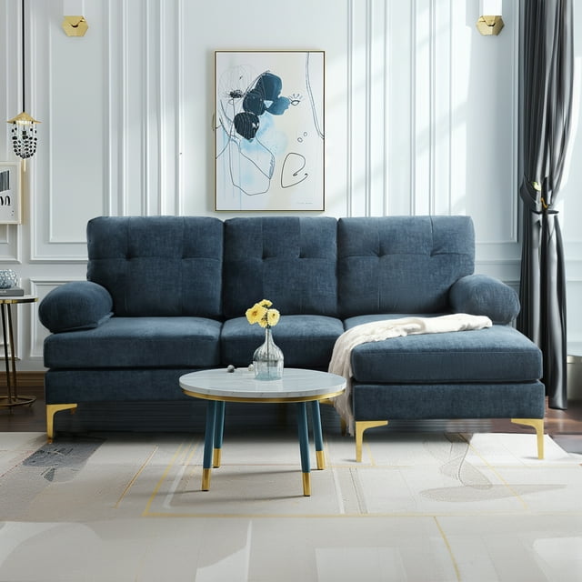 Muumblus L Shaped Sectional Sofa, 83" Chenille Fabric Upholstered Tufted Couch, 3 Seats Wide Chaise Lounge for Living Room, Beige