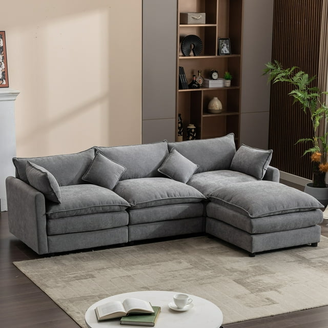 Muumblus L-Shaped Sectional Sofa with Reversible Ottoman, Chenille Modular Cloud Sofa for Living Room, Biege