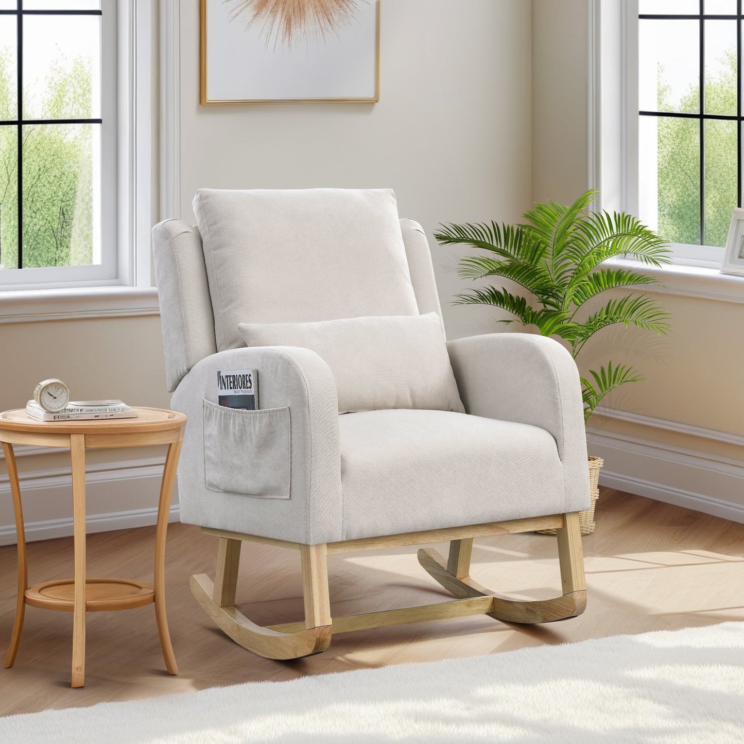 Muumblus Linen Glider Rocking Chair for Baby Nursery, High Back, Indoor, Beige