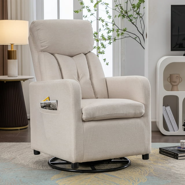 Muumblus Teddy Swivel Rocking Chair for Baby Nursery, Tall Back Glider Rocker with Pocket, White