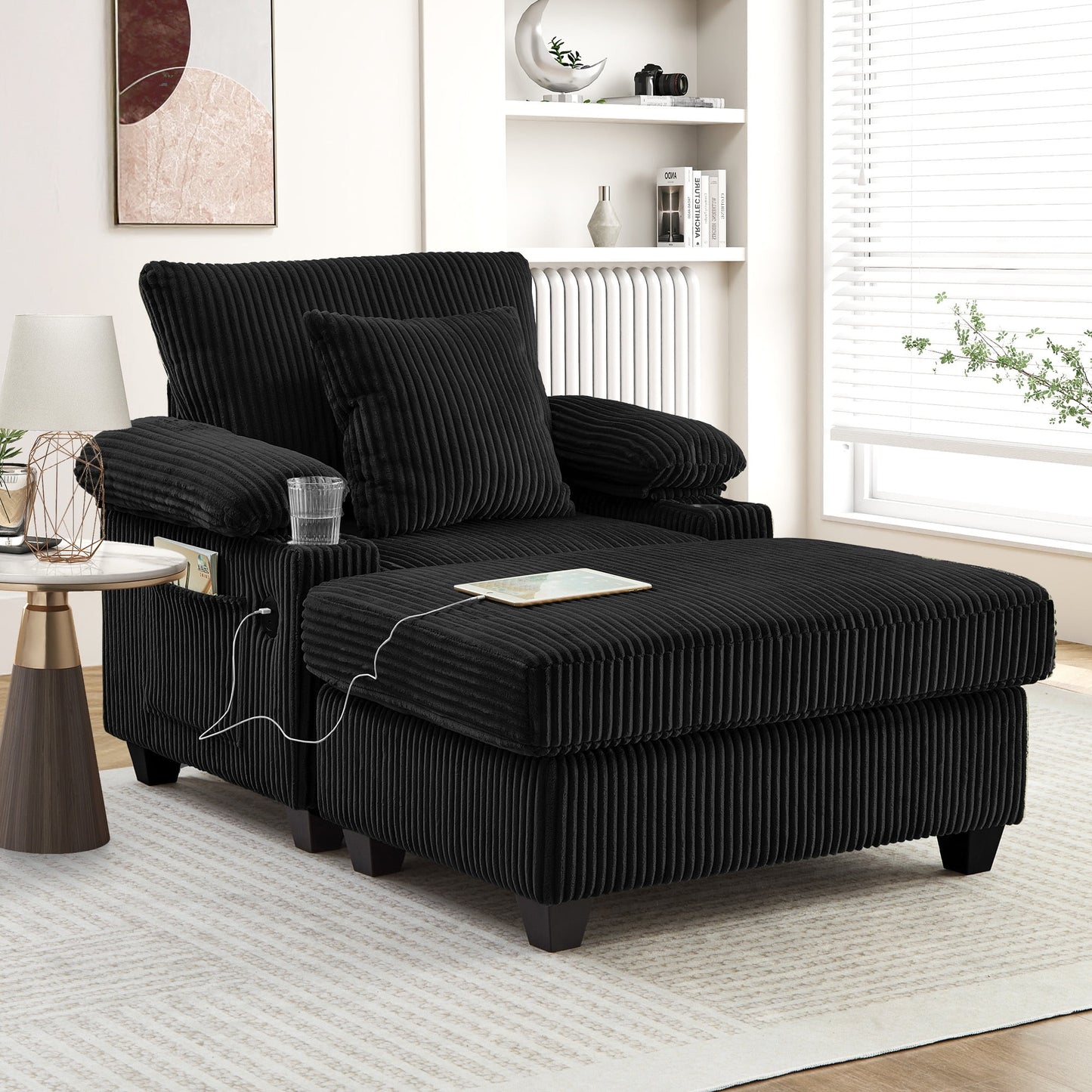 Muumblus Living Room Chair with Ottoman, 7-Speed Adjustable Backrest, USB & Storage Arms, Cozy Indoor Corduroy Lounge Armchair