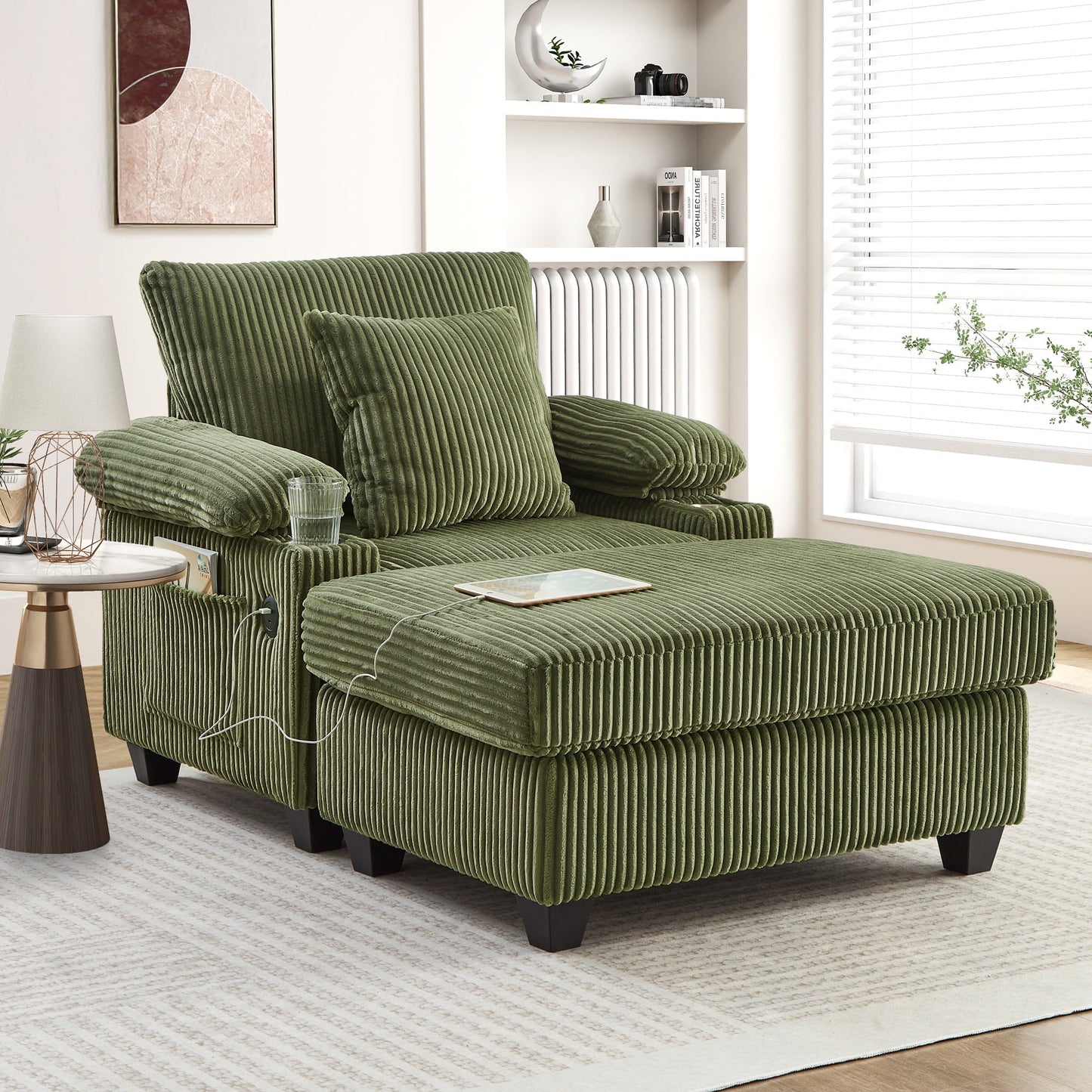Muumblus Living Room Chair with Ottoman, 7-Speed Adjustable Backrest, USB & Storage Arms, Cozy Indoor Corduroy Lounge Armchair