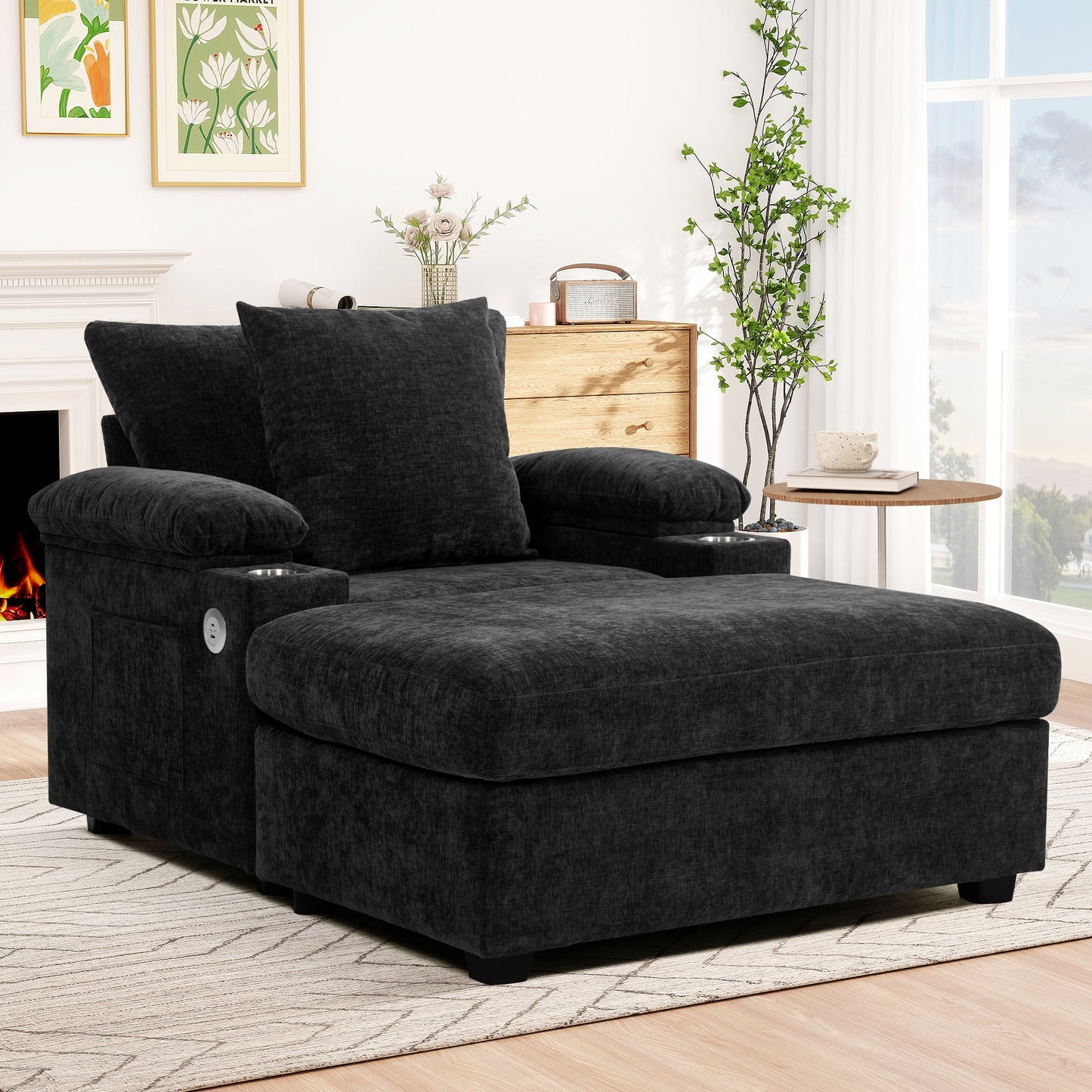 Muumblus Accent Chair with USB & Storage Arms, Cozy Indoor Lounge Chair with Ottoman
