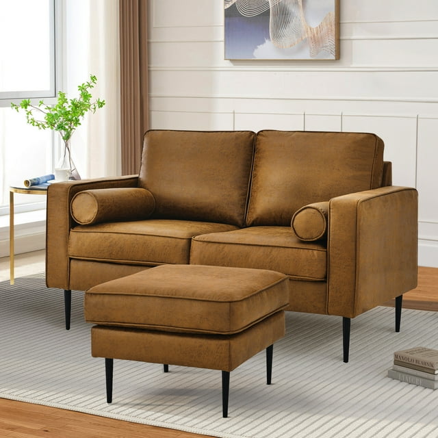 Muumblus Living Room Sectional Sofa with Chaise, L-Shaped Small Couch with Ottoman, Brown Faux Leather