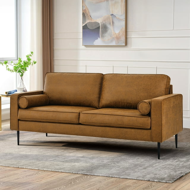 Muumblus Living Room Sectional Sofa with Chaise,3-Seater L Shaped Couch with Ottoman, Brown Faux Leather