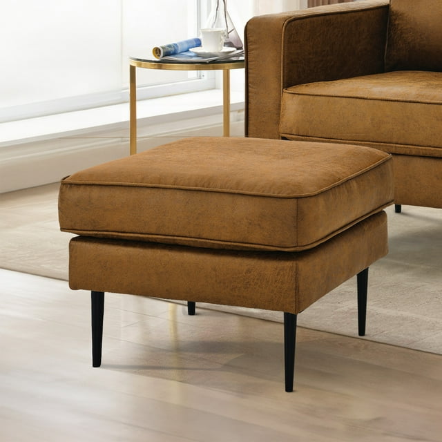 Muumblus Mid-Century Ottoman for Living Room, Foot Stool in Brown Faux Leather