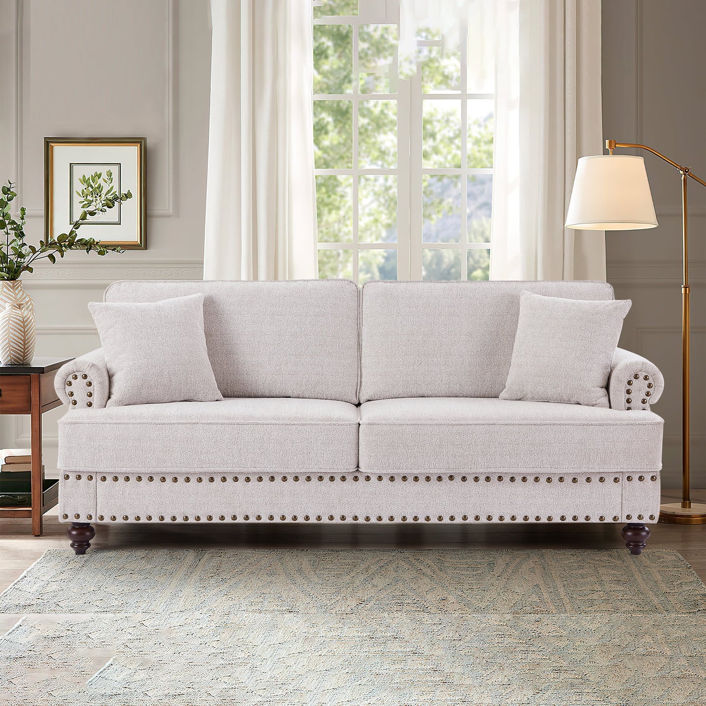 Muumblus Mid-Century Upholstered Sofa Couch, 3 Seater Sofa with Nailhead, 82" Chenille Living Room Sofa, Lake Green
