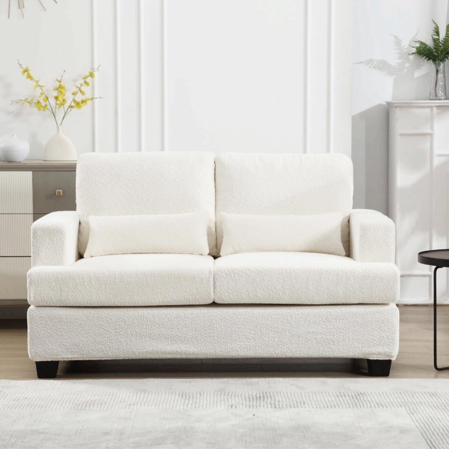 Muumblus Modern Single Sofa Chair, 37" Small Couch with 1 Waist Pillow, Removable Back Cushion, Living Room Set, White Fabric