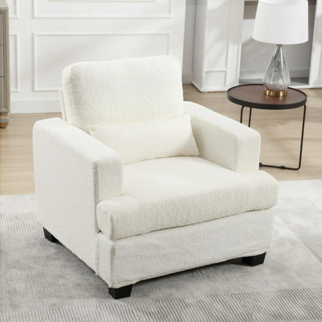 Muumblus Modern Single Sofa Chair, 37" Small Couch with 1 Waist Pillow, Removable Back Cushion, Living Room Set, White Fabric