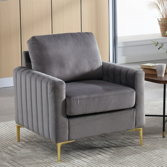 Muumblus Modern Accent Chair, Upholstered Single Sofa Chair Club Arm Chair for Living Room, Comfy Armchair with Metal Legs, Tufted Chair for Reading, Beige Velvet