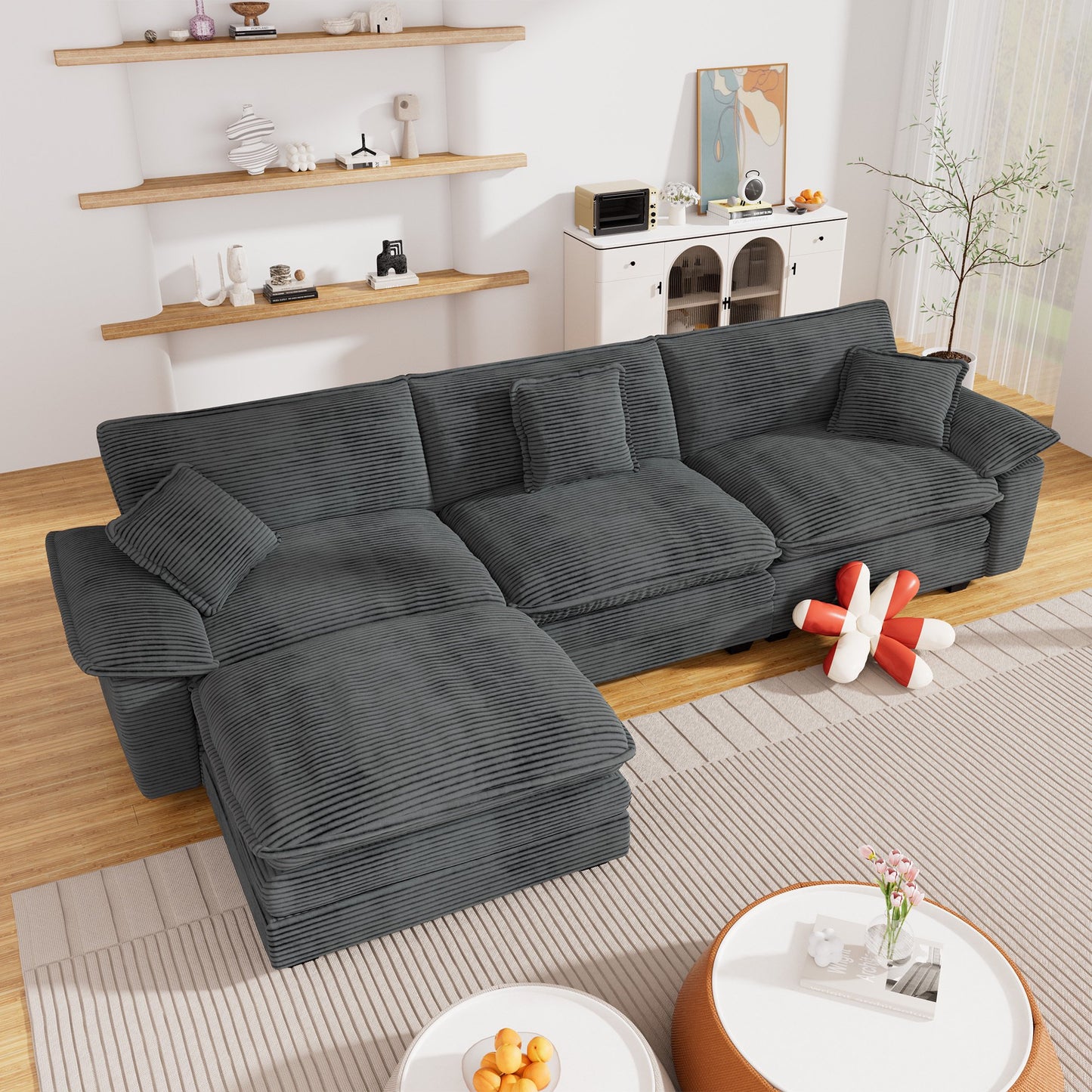 Muumblus Modular Sectional Cloud Couch with Ottoman, Oversized L-Shaped Corduroy Sofa for Living Room