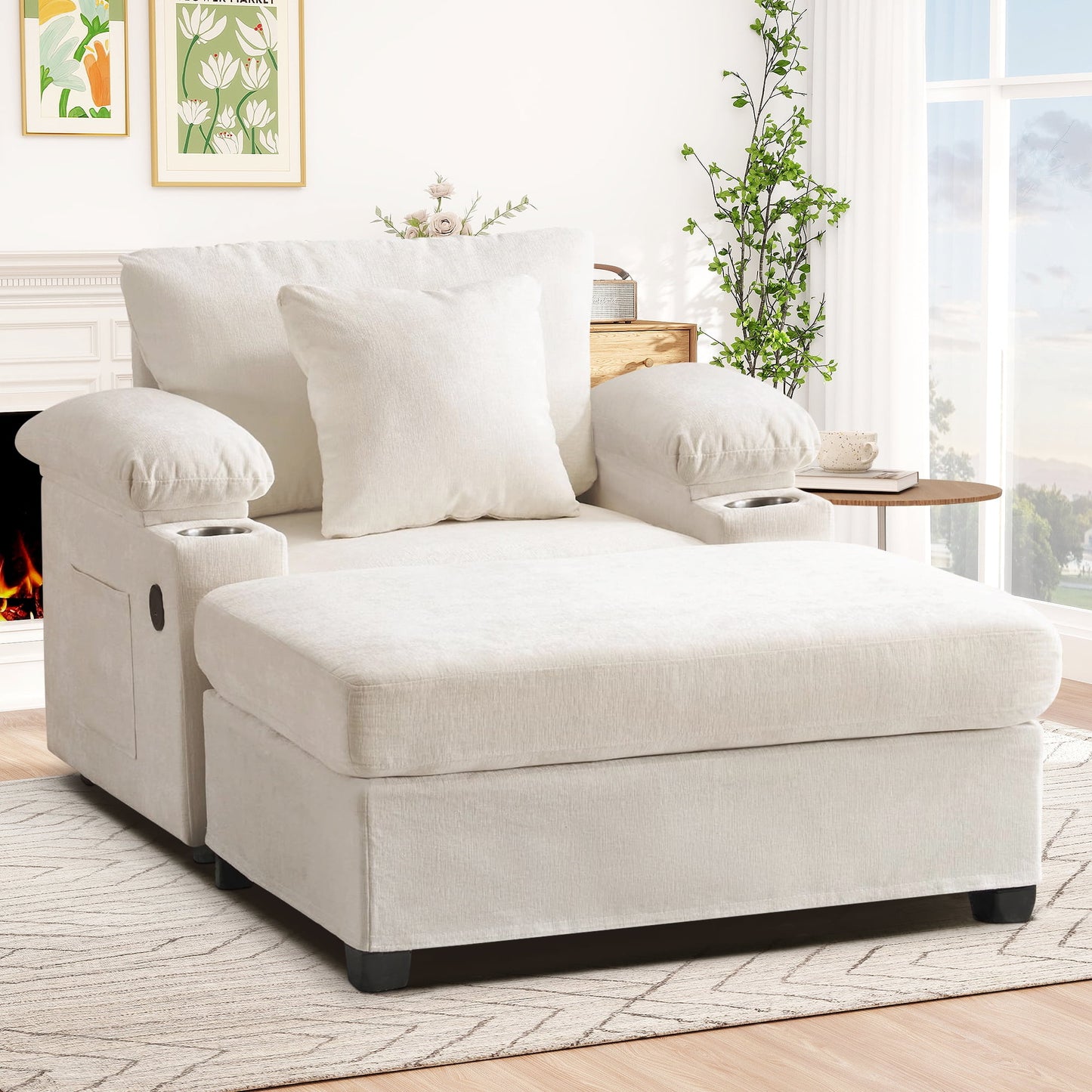 Muumblus Accent Chair with USB & Storage Arms, Cozy Indoor Lounge Chair with Ottoman