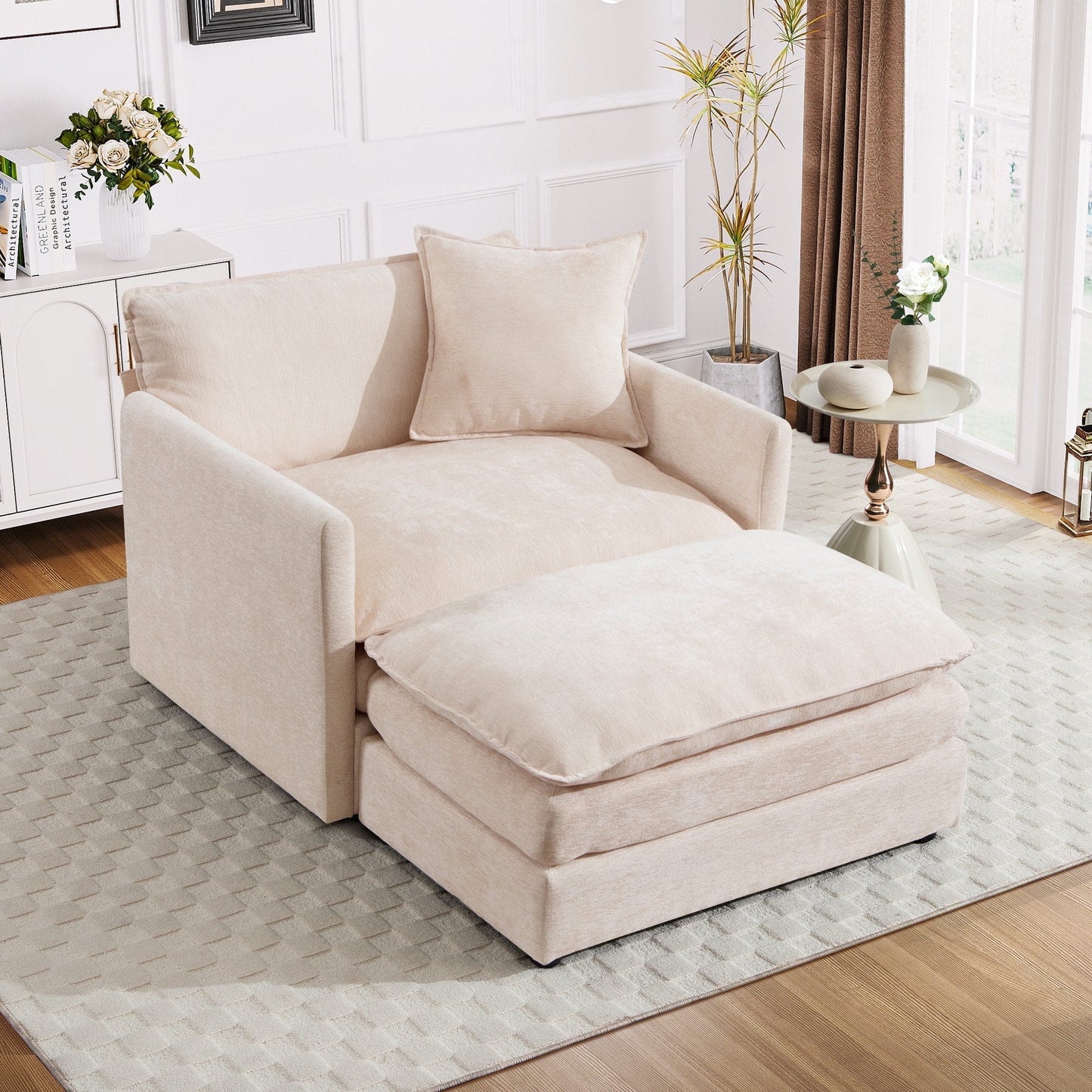 Muumblus Oversized Lounge Chair with Ottoman, Cloud Accent Armchair in Beige Chenille