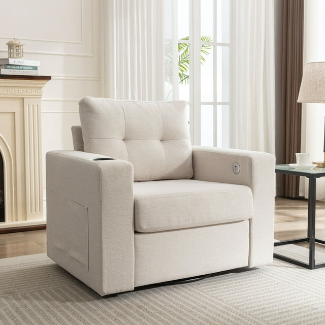 Muumblus Oversized Swivel Accent Chair for Living Room Bedroom, Leisure Single Sofa Armchair with USB Charging Port and Cup Holder, Beige Fabric