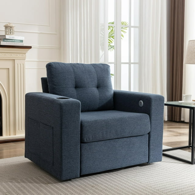 Muumblus Oversized Swivel Accent Chair for Living Room Bedroom, Leisure Single Sofa Armchair with USB Charging Port and Cup Holder, Beige Fabric